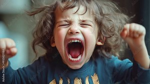 An angry child screaming and clenching their fists in anger.