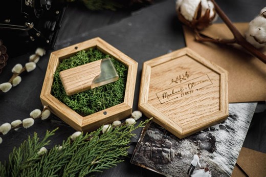 Hexagon Oak USB Box With Epoxy Resin Flash Drive, Wooden Wedding Packaging - Etsy