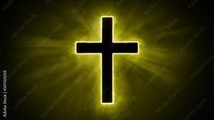 Uplifting and deeply inspiring reveal animation of a plain classic golden holy Christian crucifix cross, in a smoky mystical glow and emating shining God rays and light beams, on a black background