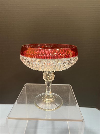 Vintage Indiana Glass Diamond Point Ruby Flash Pedestal Compote Dish - Candy Dish