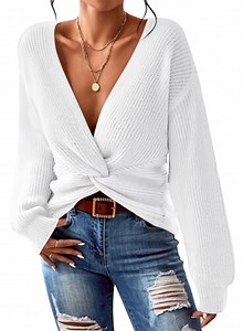 Pink Queen Spring Sweaters for Women 2026 Pullover Sexy V Neck Long Sleeve Twist Knot Cropped Knit Tops