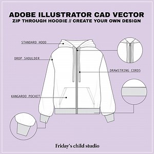 Zip Through Hoodie - SVG - CAD Vector Flat Sketch for Adobe Illustrator (AI) Unisex Technical Flat Drawing - Editable - Etsy Australia