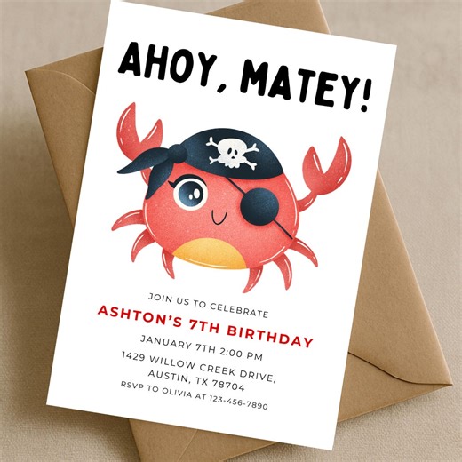 Pirate Crab Birthday Invitation, Ahoy Matey Party Invite, Printable Pirate Party Invitation for Kids Birthday, Pirate Crab Birthday Invite - Etsy Canada