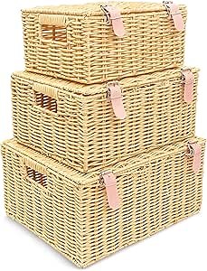 Wicker Storage Baskets with Lids – Set of 3 (Large, Medium, Small) for Organizing Clothes, Toys, Books – Cute Organizer Stackable Basket with Lid for Bedroom, Nursery, and Home Decor