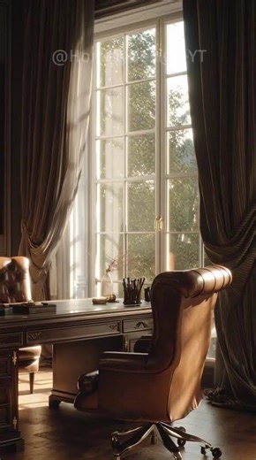 Classic Serene Home Office: Leather, Sunlight & Tree Views ✨ #ClassicOffice #HomeOffice