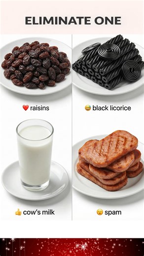 BLACK LICORICE Thick, cylindrical pieces of black licorice are stacked in a loose pile. Each piece has a matte, jet-black surface with ridged sides and a star-shaped cross-section. The texture appears firm and slightly waxy. SPAM Four thick slices of pinkish processed meat are arranged in a neat stack on a white plate. The surface of the meat is smooth and uniform in color, with a glossy sheen. Behind the plate is an opened can with a blue and yellow label and an identical loaf of Spam partially