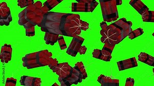 Rain of 3d red dynamite packs, TNT sticks falling on green screen background. Explosives on chroma key. Detonation Bomb concept. Close up view. 4k animation