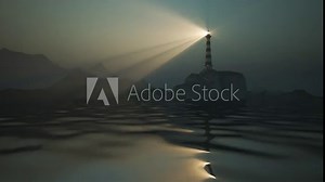 Lighthouse light spinning around. Tall tower standing on the small island.