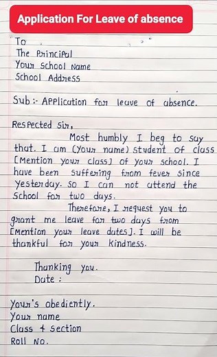 Application for leave of absence in school | Write Application for Leave of Absence to Principal