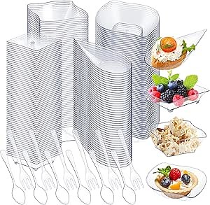 Tessco 800 Pcs Mini Appetizer Plates Set Including 400 Disposable Dessert Plates Assorted Shape 200 Mini Plastic Forks 200 Plastic Spoons for Party(Clear,Classic)
