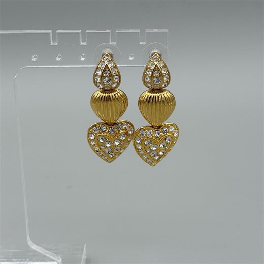 Nolan Miller Rhinestone and Gold-tone Heart Dangle Earrings: Glamour Collection Three of Hearts Pierced Earrings - Etsy