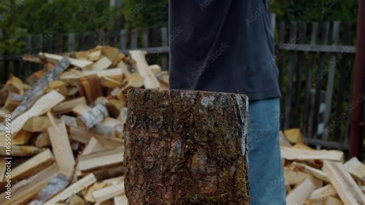 Man precisely positions axe on log and delivers blow, attempting to cleave wood in two. Yet, the axe becomes lodged in the log. Stock Video