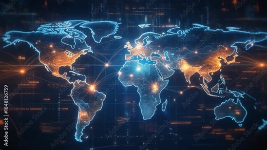 Illuminated World Map with Digital Network Connections and Abstract Data Visualizations global network