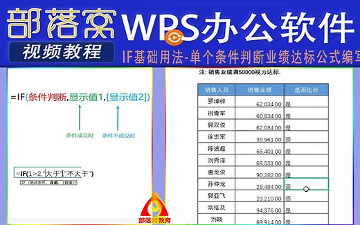 wpsIF基础用法视频：单个条件判断业绩达标公式编写