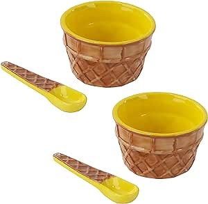 Servette Home Yellow Ice Cream Sundae Dessert Bowl with Spoon 8oz - Set of 2