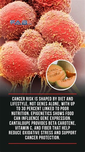 Cancer is shaped by more than genetics. Research shows up to 30 percent of cancers are linked to poor diet and lifestyle, a number likely underestimated in the ultra processed food era. PMID: 7339070 Epigenetics proves your daily choices can influence which genes are activated or silenced, directly affecting cancer risk. PMID: 21514497 Cantaloupe is a powerful example of food as protection, rich in beta carotene, vitamin C, tocopherols, lutein, and zeaxanthin that help reduce oxidative stress an