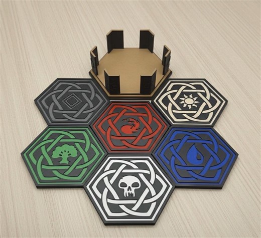 MTG Coaster Set of 6 With Holder - Magic the Gathering Inspired Mana Symbols Drink Coasters - Celtic Knot Wood Decor - Gift for Gamers - Etsy