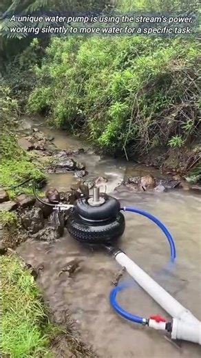 A simple homemade hammer pump is using the stream's flow to push water uphill.