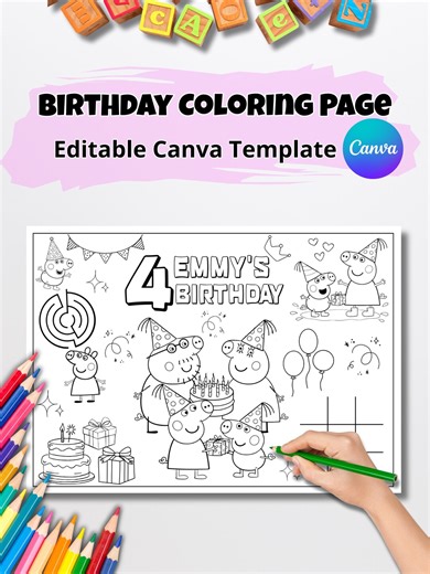 Peppa Pig Birthday Coloring Page | Editable in Canva | Personalized Name & Age | Printable Kids Party Activity | Instant Download - Etsy