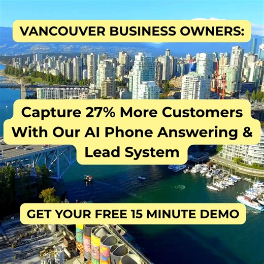 Vancouver business owners: Most local businesses miss 27% of phone calls between weekends, holidays, and after closing hours. That means more than 1 in 4 calls goes unanswered. Now imagine you captured 27% more customers because you never missed a call. What would that do for your sales? Here's how it works: Step 1: Replace your current phone answering with an A.I. voice agent who answers questions & books appointments 24/7 (even replaces a receptionist). Step 2: The A.I. captures leads, books a