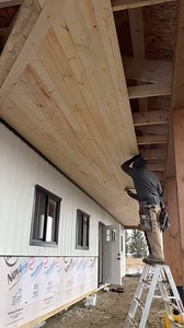 7.1K views · 853 reactions | Start to finish of the tongue & groove pine ceiling in the wrap around porch of our new HQ  Now, the question is… clear coat it or stain to match the fir posts & beams?? #CinchCarpentry #QualityOverQuantity #PostFrame #Pine #Wood #Ceiling #WrapAround #Porch #Cordless #Finishing #Nailer #Tools #MitreSaw #Alberta | Cinch Carpentry | Facebook
