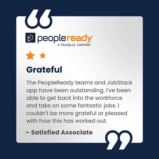 November is all about gratitude, and this review made our month!  Getting back into the workforce doesn’t have to be tough; we’re here to support you every step of the way. Download JobStack and start your next great chapter today: bit.ly/JobStackApp #JobSearch #NewJob #NowHiring | PeopleReady | Facebook