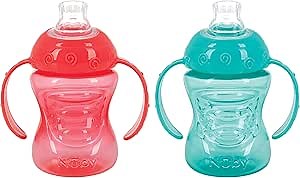 Nuby Plastic 2-Pack Two-Handle No-Spill Super Spout Grip N' Sip Cups, 8oz, Coral and Aqua