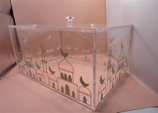 Clear Acrylic Box With Golden and Beige Mosque Design Ramadan and Eid Decor, Islamic Home Decor - Etsy
