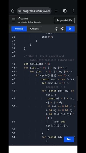 Making A Large Island | Max Island Size After One Flip | JavaScript LeetCode Solution