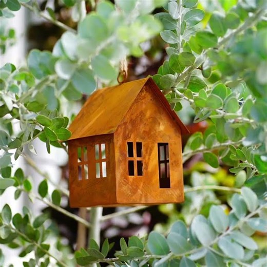Rustic Mini Metal House Decor | Cute Outdoor Garden Hanging Accent (Vintage Rust Finish!)