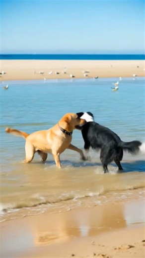 cute dogs playing on water