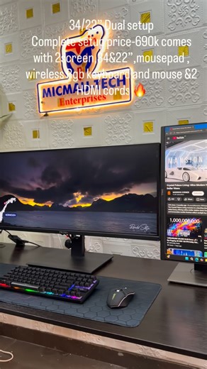 MicMau-Tech Enterprises on Instagram: "Dual Setup 34&22 inches 34”Spec:👉The PRISM+ W340U PRO is a 34-inch ultrawide productivity monitor featuring a UWQHD (3440 x 1440) IPS panel, 75Hz refresh rate, and 125% sRGB color gamut. It is designed for creative and office work, offering a 178° viewing angle, 1.78:1 aspect ratio, and eye-care technologies like Flicker-Free and Low Blue, perfect for editing 💯%✅ 22” portrait 👉Dell P2219H Full HD (1920x1080) IPS monitor designed for office productivity, 