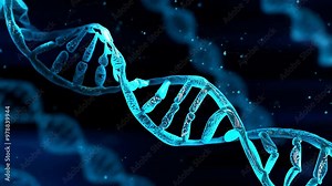 High-resolution 3D rendering of a DNA double helix against a dark blue background. intricate structure features glowing effectects, ideal for genetics, biotechnology, and education.