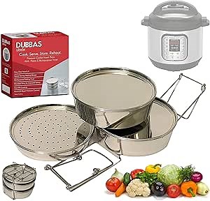 Dubbas - Premium Quality 3 Tier Stainless Steel Stacking Insert Pans/Steamer Compatible with 6 Quart Instant Pot Cooker PIP w/Lids/Plates & Trivet/Sling to Cook, Serve, Store & Reheat