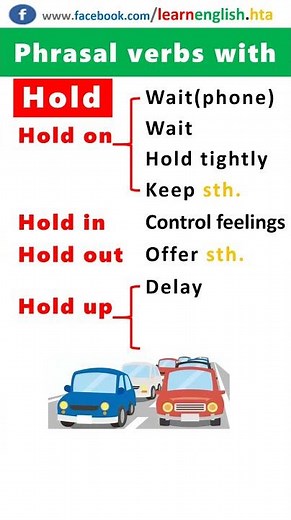 English phrasal verbs with Hold: Hold on, Hold up, Hold off, Hold in, Hold out