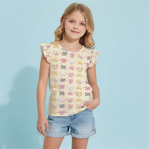 Girls Ruffle Sleeve Top With Pastel Animals and Bows, Soft Polyester Dress Style Kids Wear for Everyday Use - Etsy