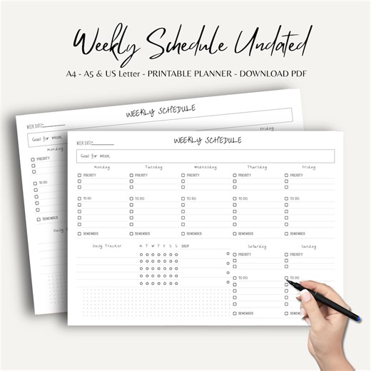 Printable Weekly Schedule Planner | Undated Weekly Planner Page | A4 A5 US Letter PDF | Weekly Goals & To-do List Template | 108 - Etsy