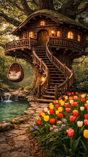 Your dream fairytale cabin in the trees 🌿✨ Would you live in this magical treehouse full-time? 🌲 Step into a storybook escape where rustic cabin charm meets fairytale magic. This enchanted treehouse cabin is carved into a living tree, wrapped in warm lantern light, natural wood beams, and round hobbit-style windows overlooking a lush green forest. Inside, a cozy bedroom nook glows with golden ambiance, layered linen bedding, stone walls, and built-in bookshelves that whisper slow mornings and 