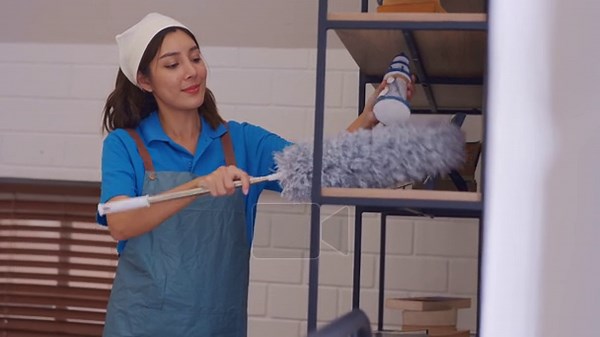 Woman cleaning shelf using feather duster Stock Video Footage - Alamy