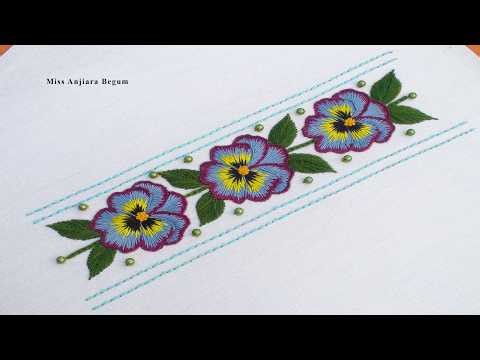 Beautiful Pansy Floral Border Hand Embroidery Design | Elegant DMC Color Combination 💜🌼