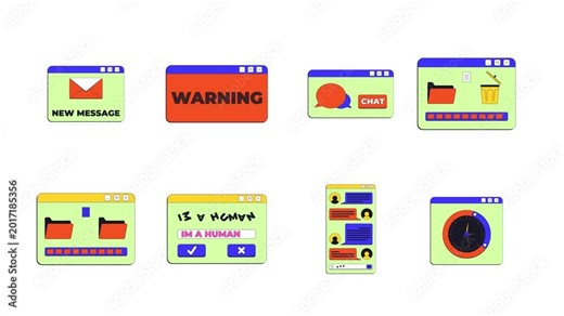 Versatile neo brutalism popup UI windows animation set. New message notification. Warning dialogue. File transfer and delete. Interface elements motion. Retro Y2K UX design 4K video collection
