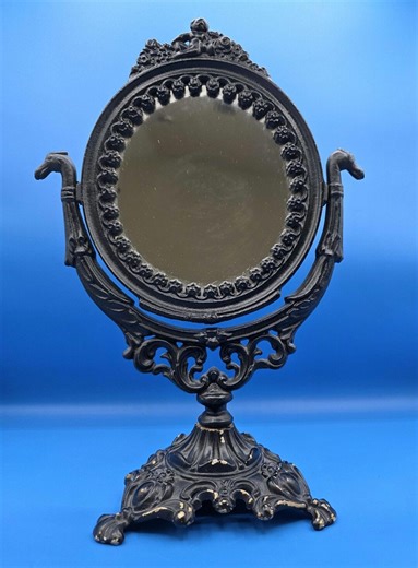 Vintage Victorian Tabletop Vanity Oval Mirror – Cast Iron, Black, Ornate Swivel - Etsy
