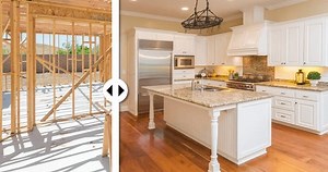 Before and After Slider Revealing Completed Custom Kitchen Under Wood Construction Framing.