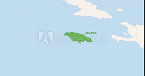 World Map Zoom In To Jamaica. Animation in 4K Video. Green Jamaica Territory On Blue and White World Map