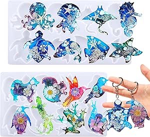 Keychain Resin Molds, Cute Animal Silicone Moulds, 16 Marine Terrestrial Animals Epoxy Mold for Resin Casting DIY Keychain Pendant Necklace Jewelry Making Ornaments Art Craft Decor