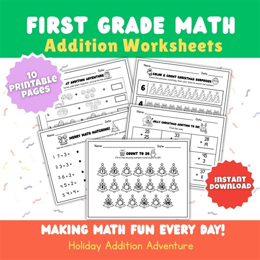 First Grade Worksheets| Math Printable| Homeschool, Teacher Resources |addition PDF Printable| Instant Download - Etsy