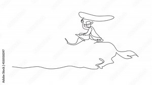 Animated self drawing of continuous line draw cowboy on horse galloping across dusty field. Cowboy on bucking horse running with lasso. Cowboy with rope lasso on horse. Full length one line animation
