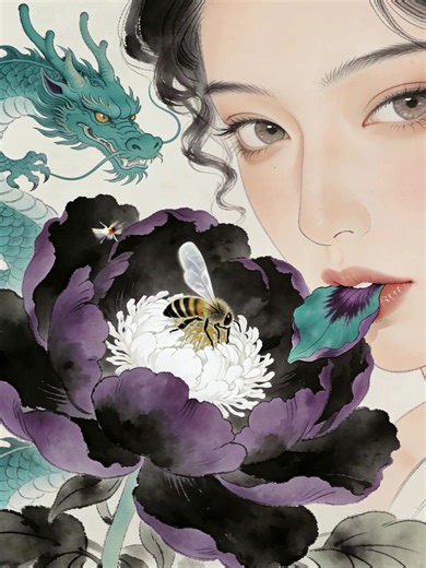 Bees chase the scent of ink-black and snow-white petals; lips hold a fragment of light.#AI Video