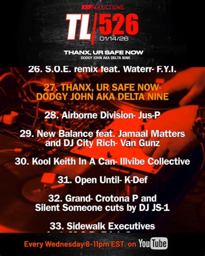 To all artists who continued submitting music to ftsrhiphop@gmail.com during our time off MAJOR SALUTE to you… • Here’s the track list from our @youtube live show on 01/14/26. Also salute to @dodgy_john aka Delta Nine for that featured track THANX.UR SAFE NOW. • GET TUNED IN Every Wednesday 8-11pm EST, 5-8pm PST on our YouTube channel. Like and subscribe. • Listen to our archives on flipthescriptradio.org • Submit music to ftsrhiphop@gmail.com for consideration. • @stokes_ftsr @mateo874 @c_reali