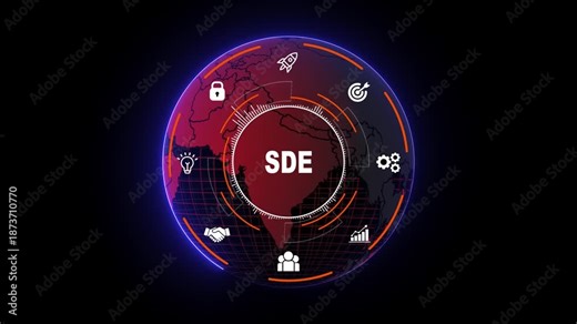 Software Development Engineering HUD Interface with Global Map, Coding Icons, Programming Workflow Visualization and Futuristic Technology Dashboard